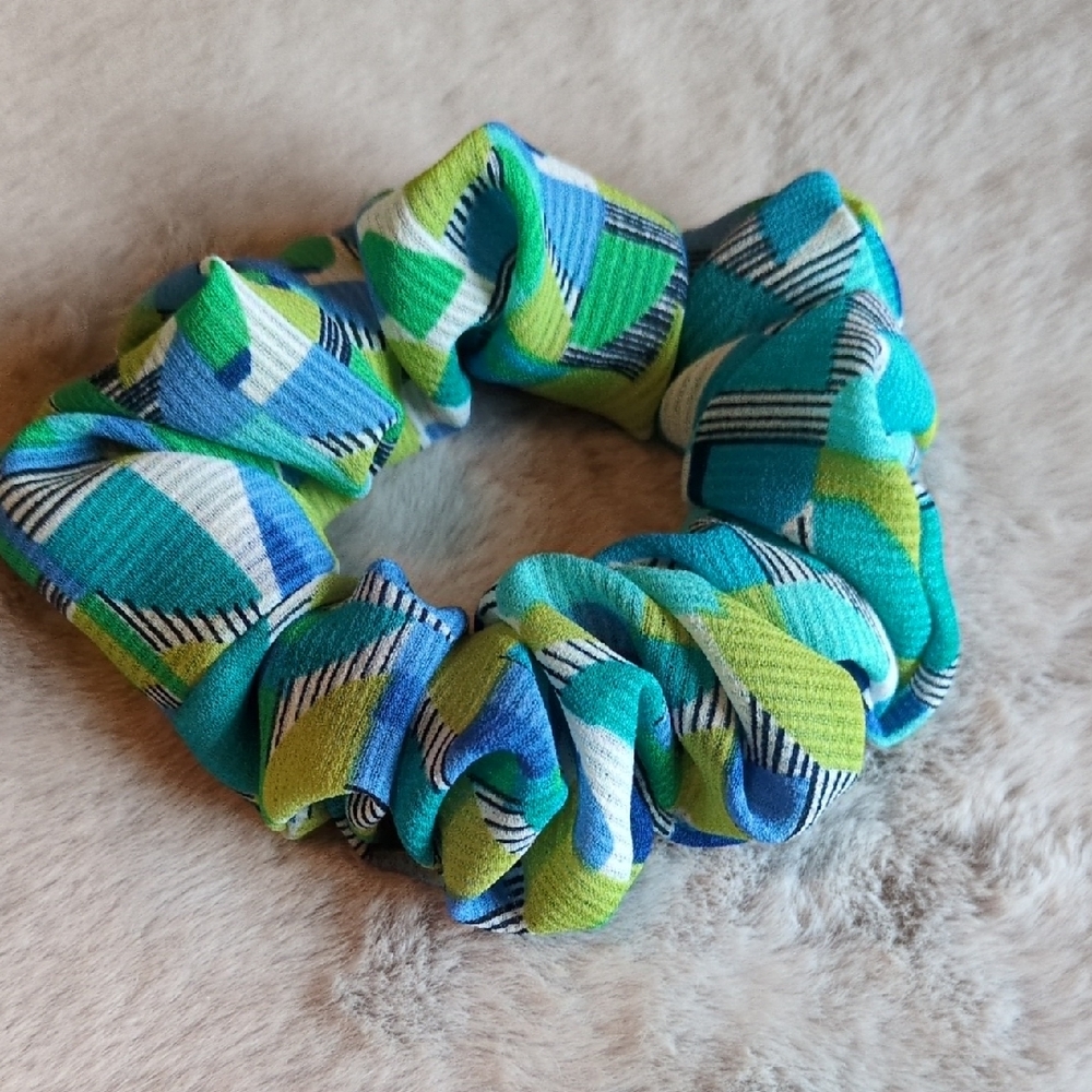 3/$20 - Colourful Geometric Hair Scrunchie in Blues & Greens